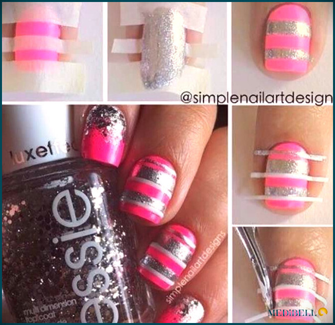 Tutorial de diseño de uñas cortas con rayas rosas y plateadas