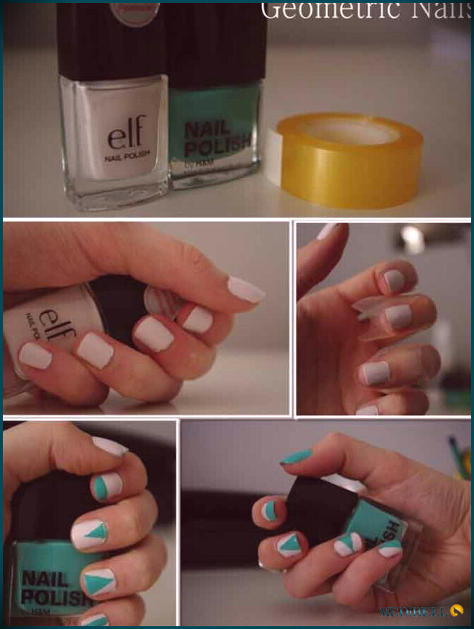 Tutorial de diseño de uñas cortas geométricas blancas y verdes.
