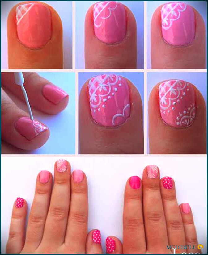 Tutorial de diseño de uñas cortas de encaje rosa.
