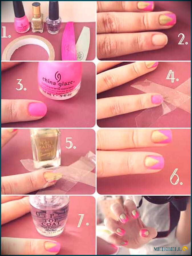 Tutorial de diseño de uñas cortas con triángulo dorado y rosa.