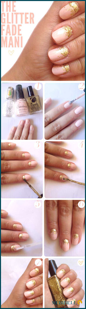 Glitter fade manicure tutorial de diseño de uñas cortas