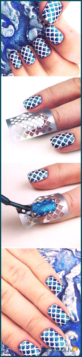 Diseño de uñas acrílicas con escamas de sirena azul