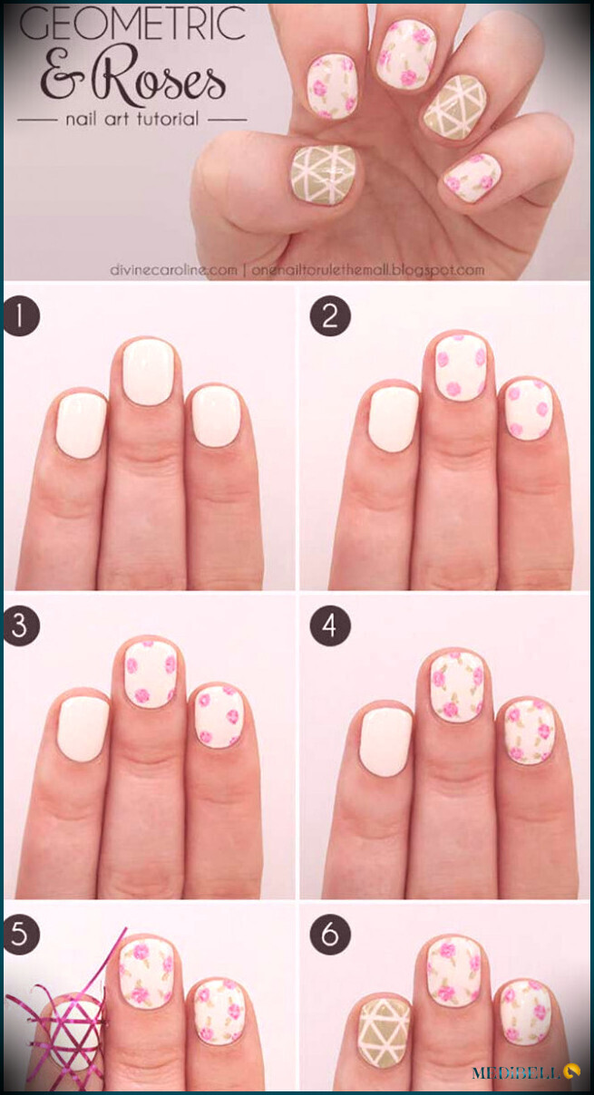 Tutorial de diseño de uñas cortas geométricas y rosas.